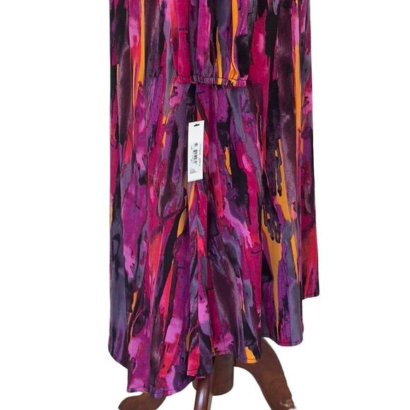 MAGGY LONDON TWIST FRONT ASYMMETRIC HEM MIDI DRESS IN BERRY MULTI NWT SIZE 14W - Picture 13 of 16